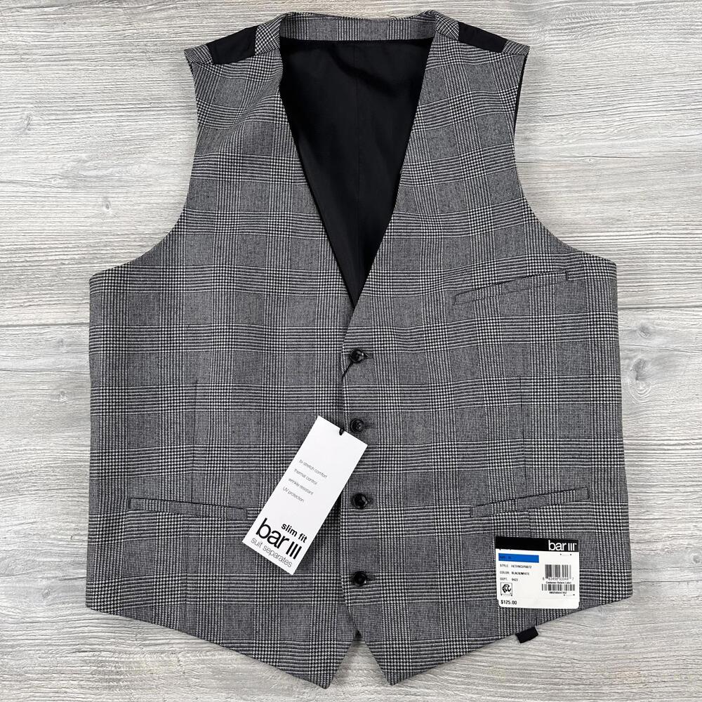 Bar III Waist Coat Vest Mens XL Grey Black White Glen Plaid Wool Blend NWT